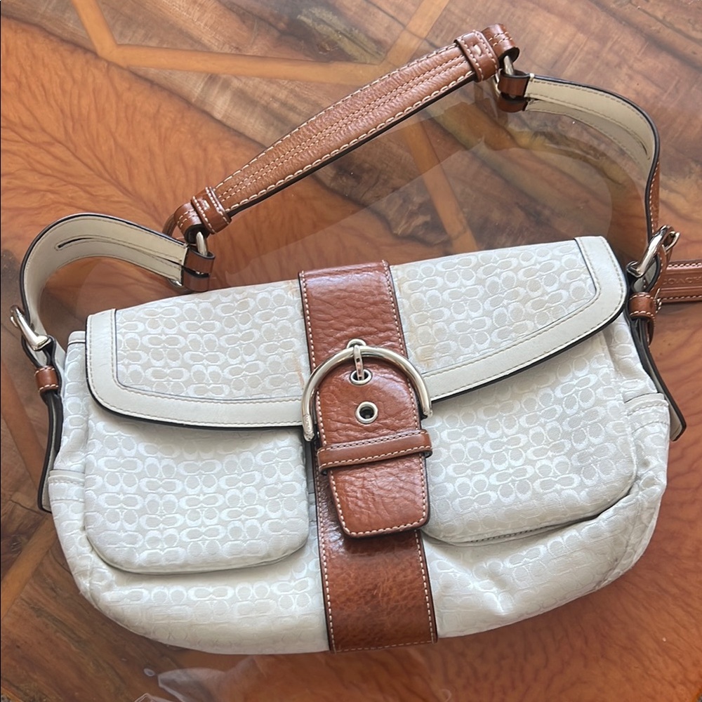 Coach Cream and Tan Shoulder Bag with Slouchy Design and Adjustable Strap